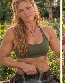 Astrid with a kettlebell in the garden